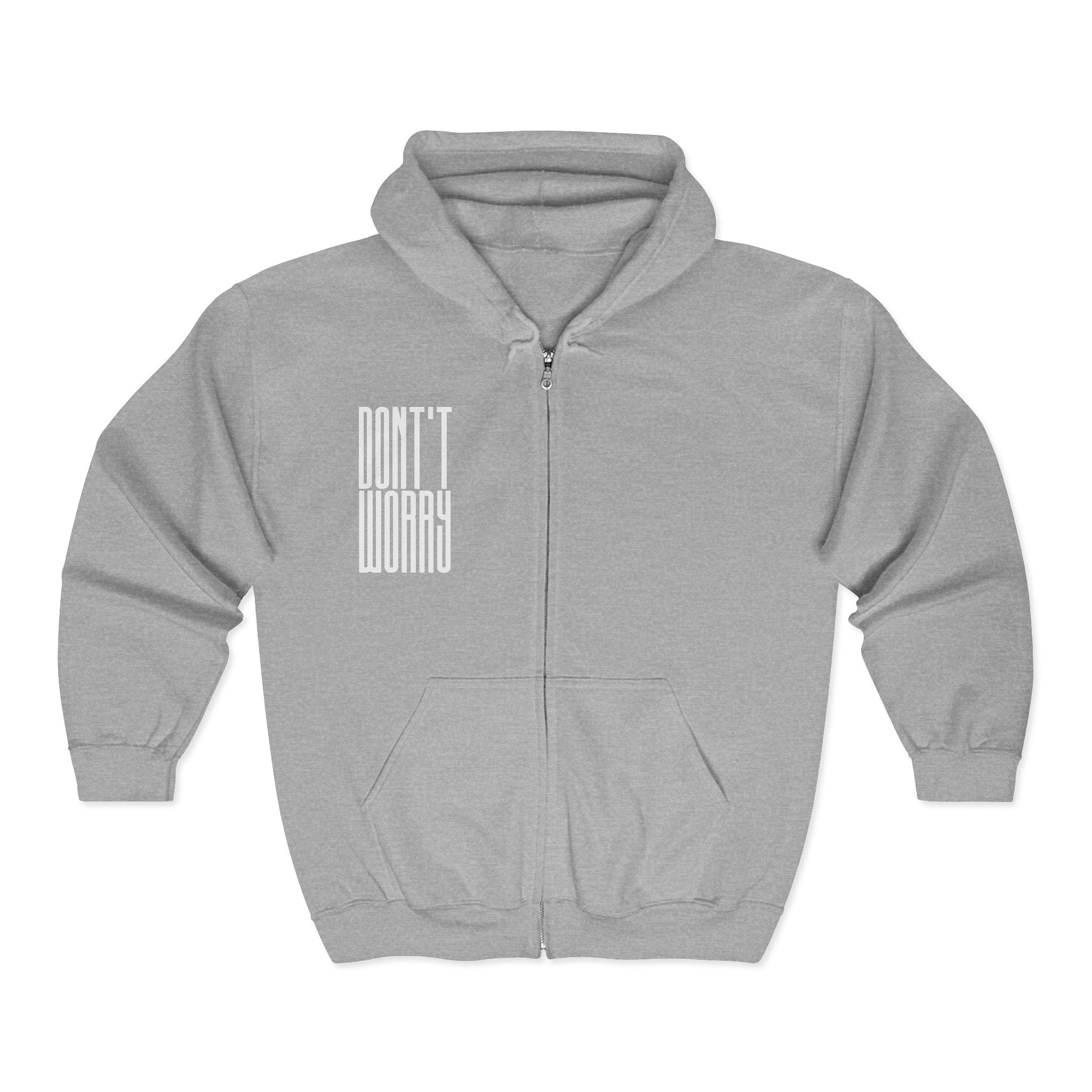 Don’t Worry Zip Hoodie — Minimalist Positive Quote Full‑Zip Sweatshirt