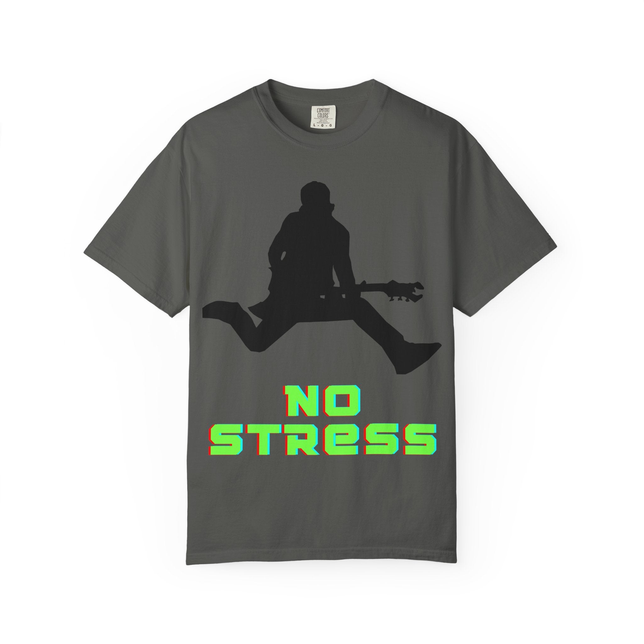 No Stress Guitar Tee — Retro Neon Music Graphic T-Shirt