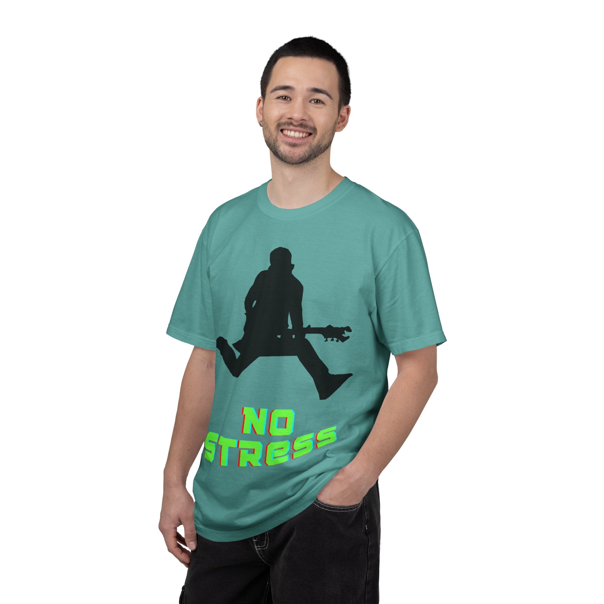 No Stress Guitar Tee — Retro Neon Music Graphic T-Shirt