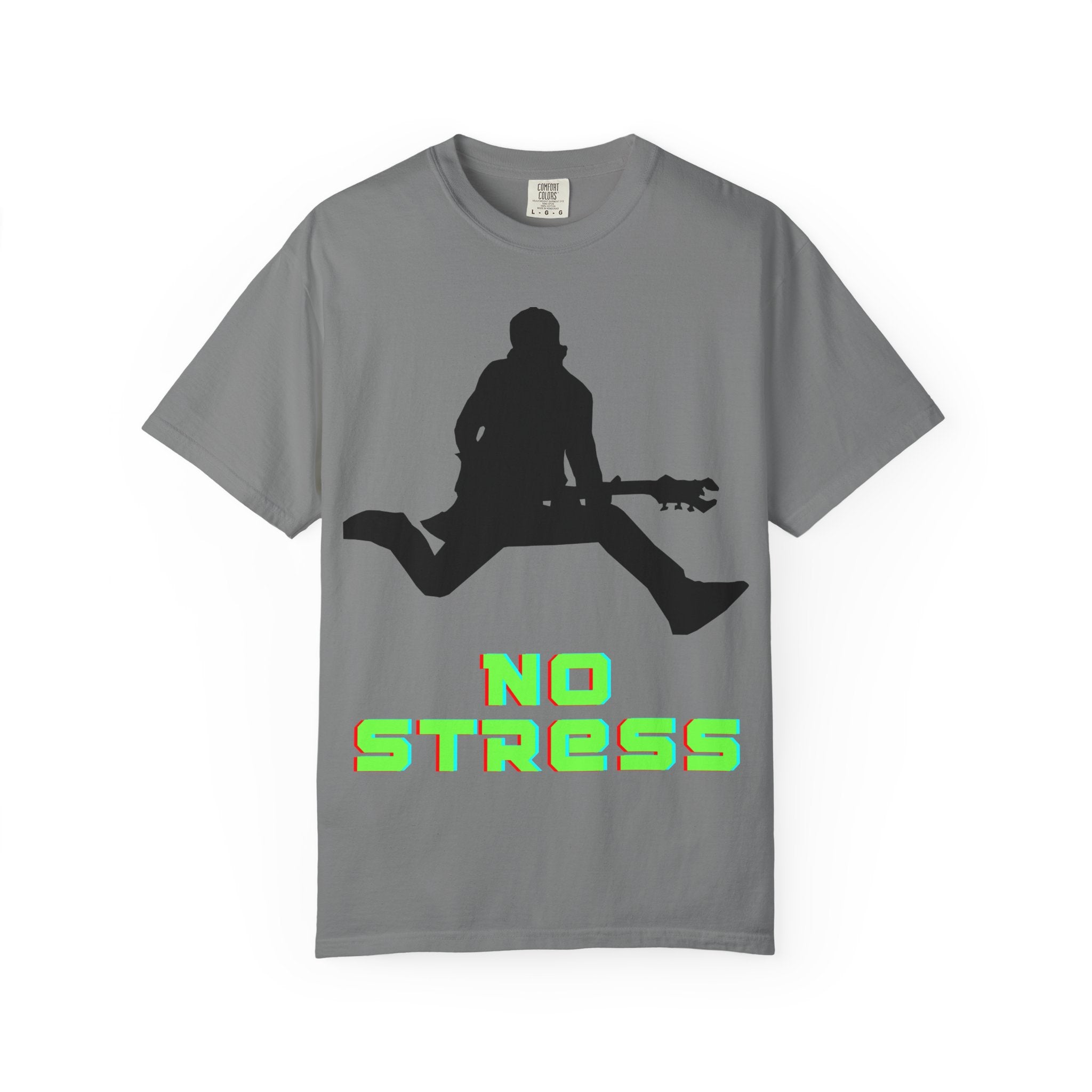No Stress Guitar Tee — Retro Neon Music Graphic T-Shirt